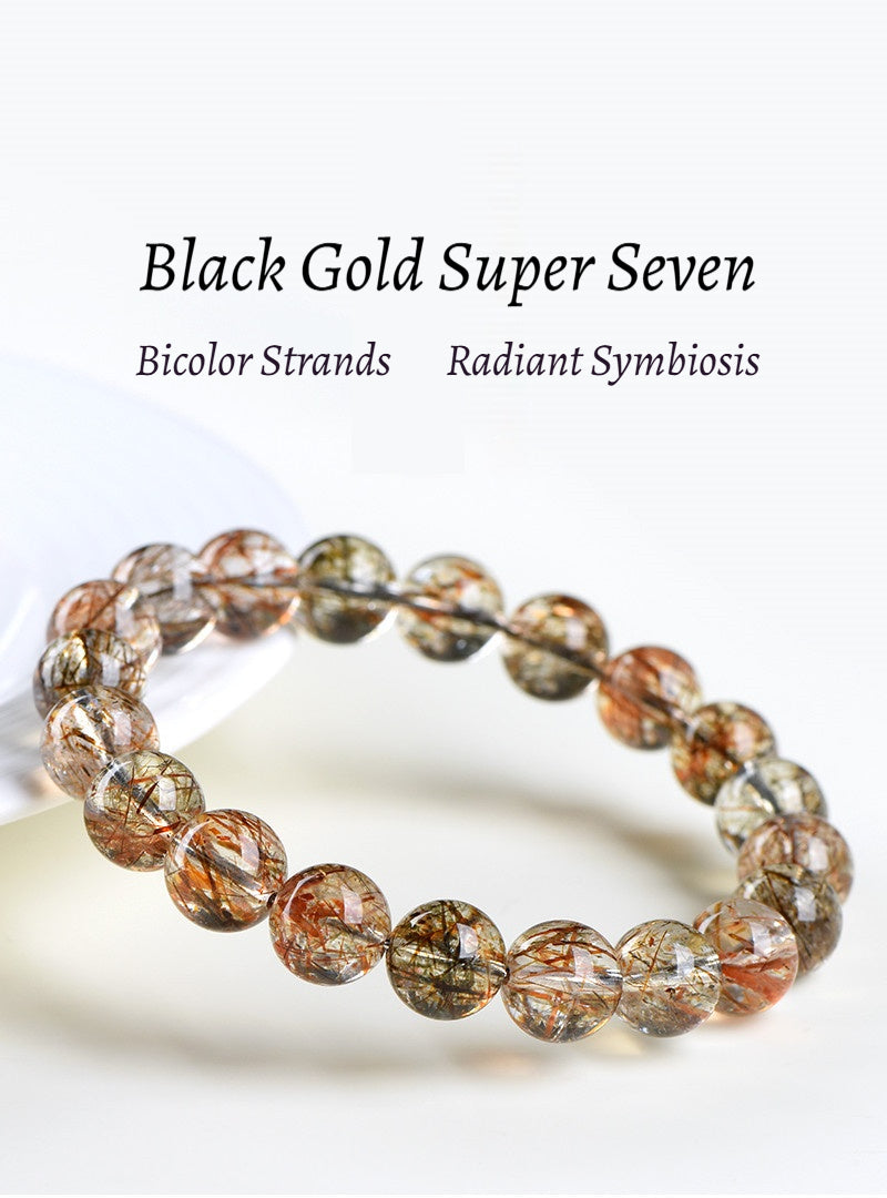 Gem Grade Black Gold Super Seven Bracelet - Natural Brazilian w/ Golden Rutile & Black Tourmaline Strands - Collector's Mineral Symphony