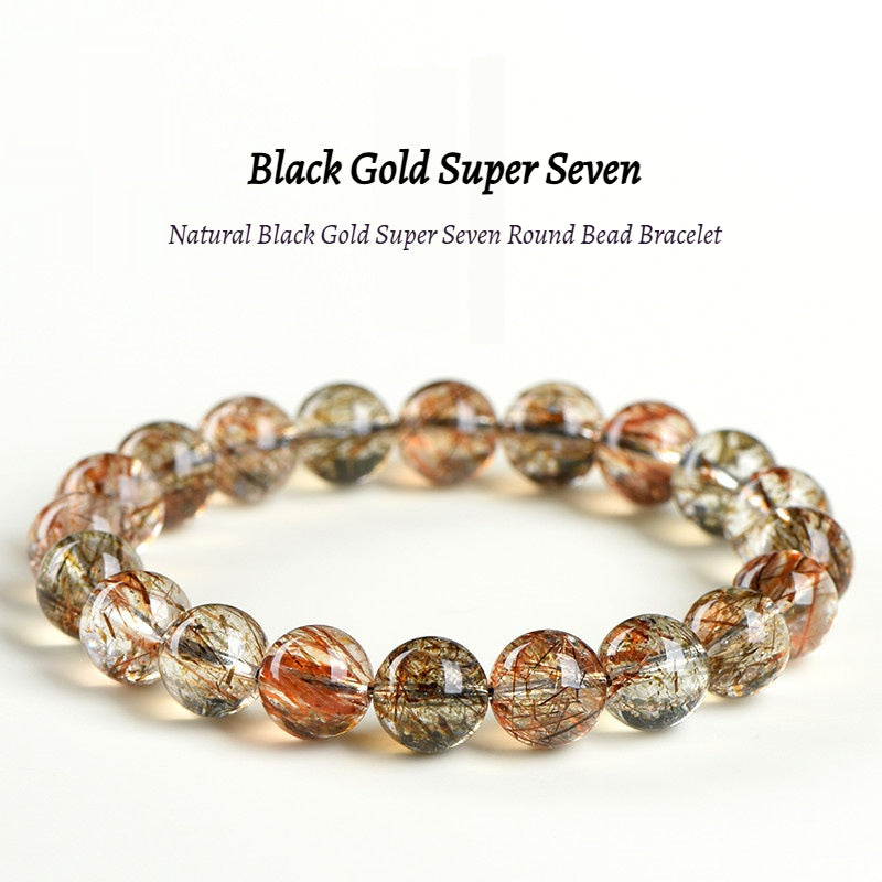 Gem Grade Black Gold Super Seven Bracelet - Natural Brazilian w/ Golden Rutile & Black Tourmaline Strands - Collector's Mineral Symphony