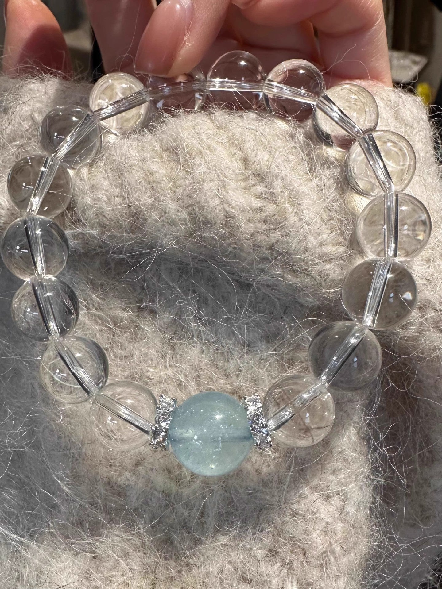 Handmade Sea Blue Gemstone Bracelet - Brazilian Aquamarine & White Quartz Beads