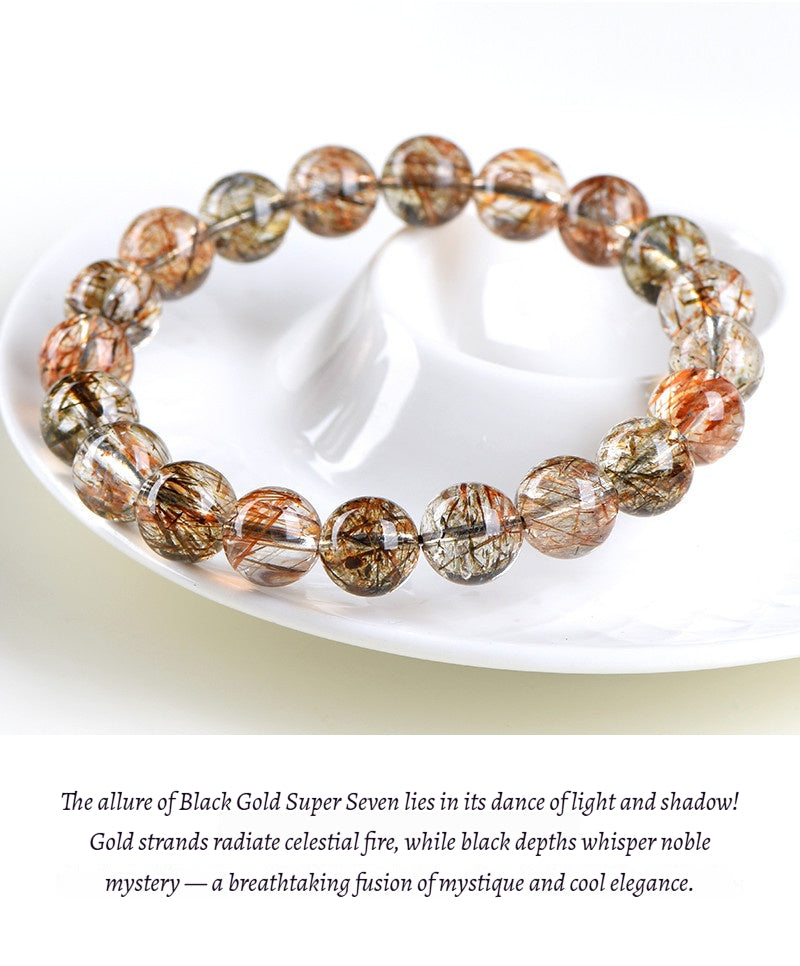 Gem Grade Black Gold Super Seven Bracelet - Natural Brazilian w/ Golden Rutile & Black Tourmaline Strands - Collector's Mineral Symphony