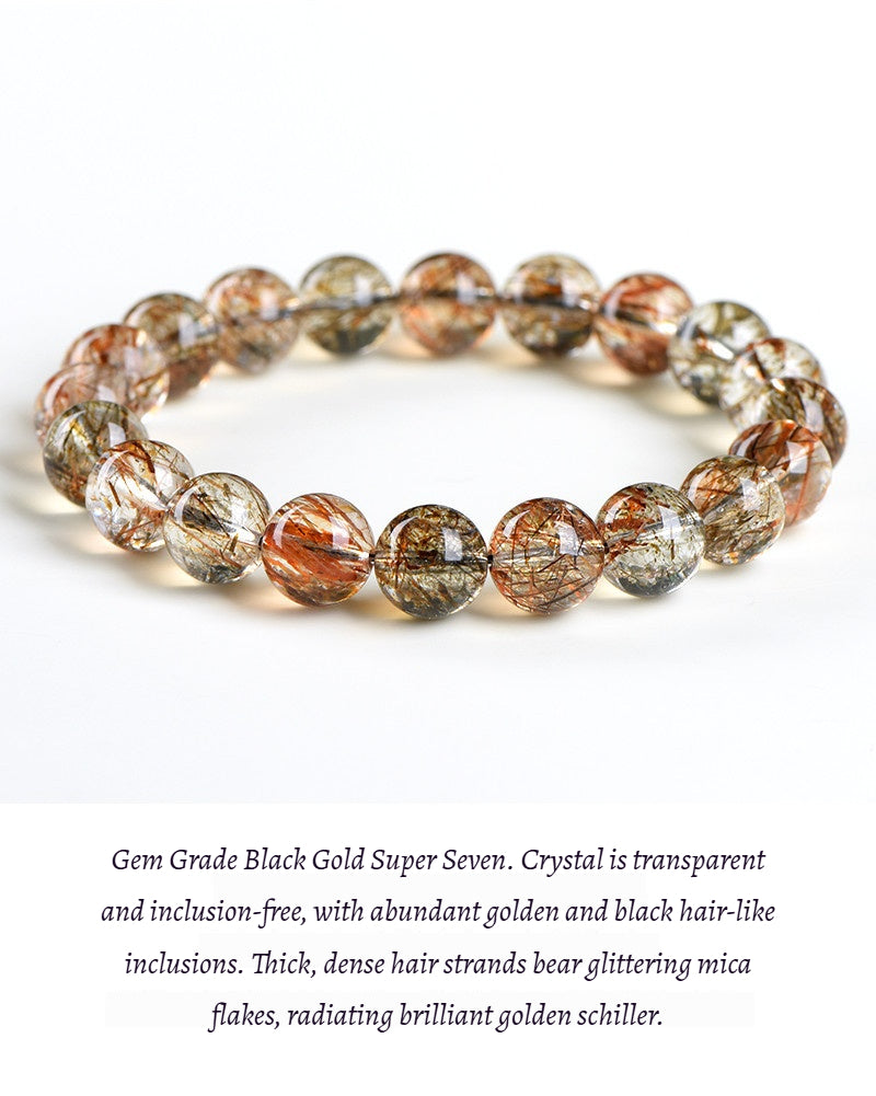 Gem Grade Black Gold Super Seven Bracelet - Natural Brazilian w/ Golden Rutile & Black Tourmaline Strands - Collector's Mineral Symphony