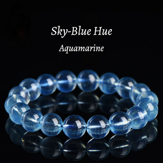 Sky-Blue Transparent Aquamarine Gemstone - Crystal Clear & Rich Color - Round Smooth Bead