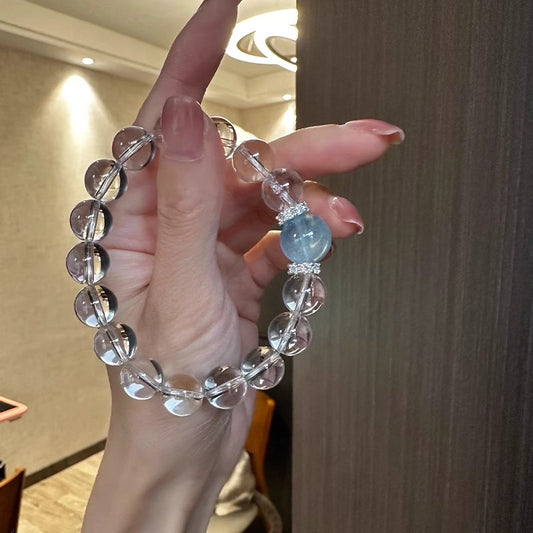 Handmade Sea Blue Gemstone Bracelet - Brazilian Aquamarine & White Quartz Beads