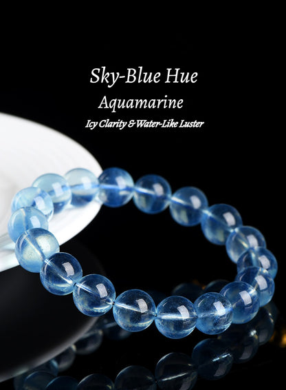 Sky-Blue Transparent Aquamarine Gemstone - Crystal Clear & Rich Color - Round Smooth Bead
