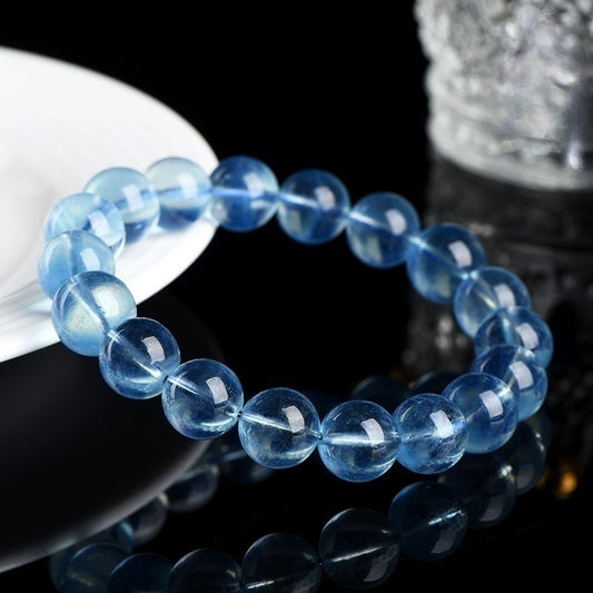 Sky-Blue Transparent Aquamarine Gemstone - Crystal Clear & Rich Color - Round Smooth Bead