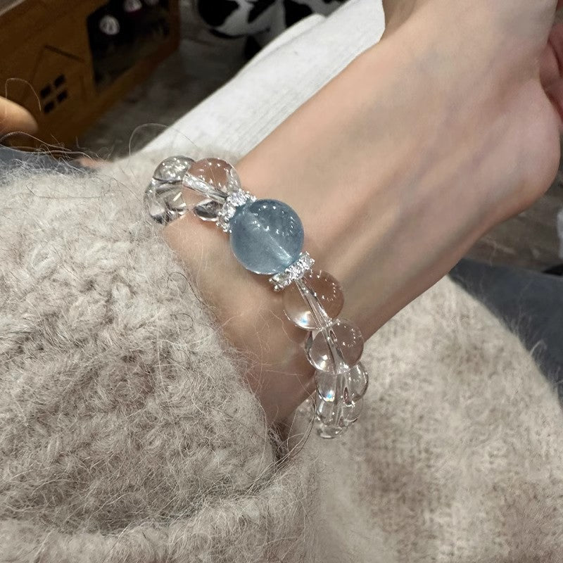 Handmade Sea Blue Gemstone Bracelet - Brazilian Aquamarine & White Quartz Beads