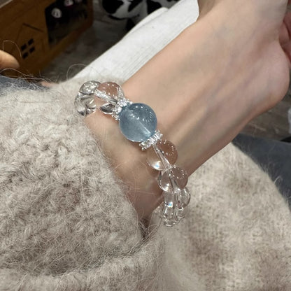 Handmade Sea Blue Gemstone Bracelet - Brazilian Aquamarine & White Quartz Beads
