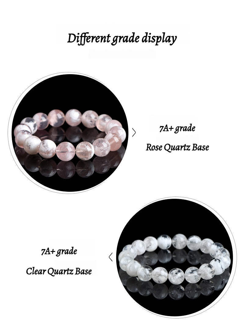 7A Natural Snow Quartz Bracelet - Healing Crystal Gift for Women -----Double Color Energy: White Clarity & Pink Love Stone Bracelet - Charged with Positive Vibes