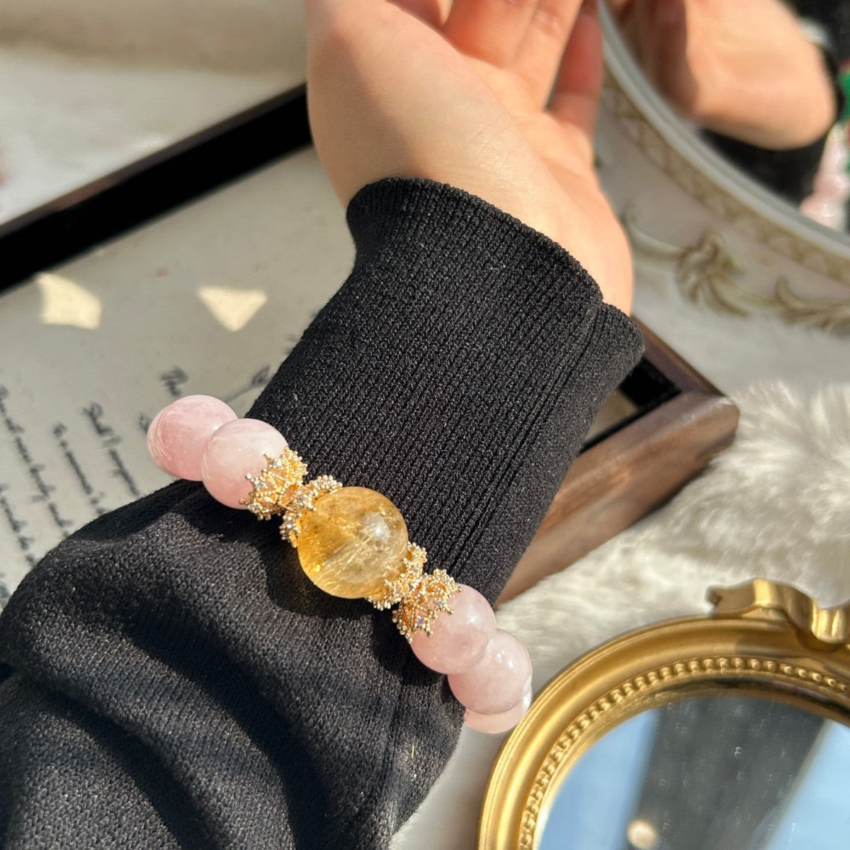 Sun-Kissed Harmony Bracelet: Natural Rose Quartz + Citrine Beads | Love & Wealth Energy