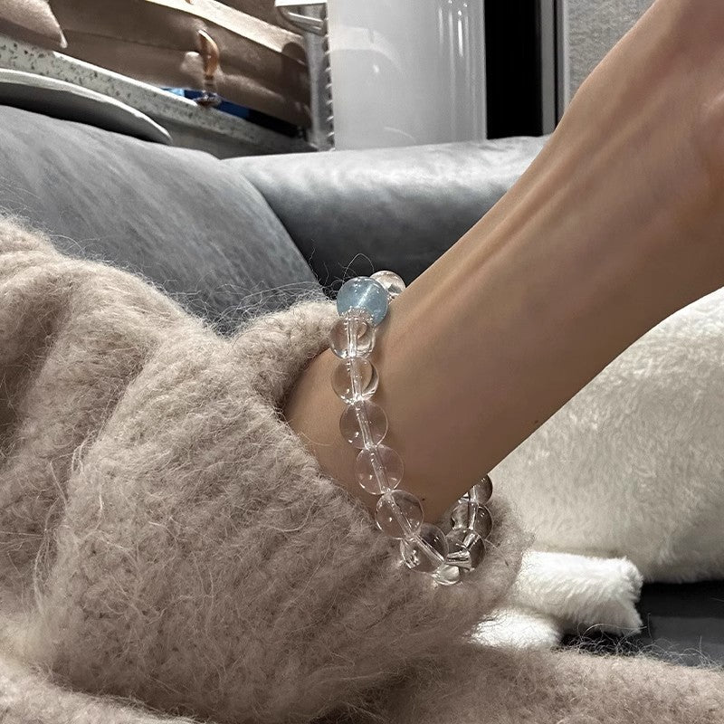 Handmade Sea Blue Gemstone Bracelet - Brazilian Aquamarine & White Quartz Beads