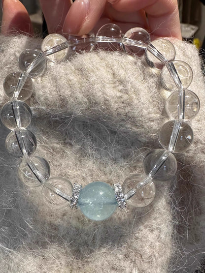 Handmade Sea Blue Gemstone Bracelet - Brazilian Aquamarine & White Quartz Beads