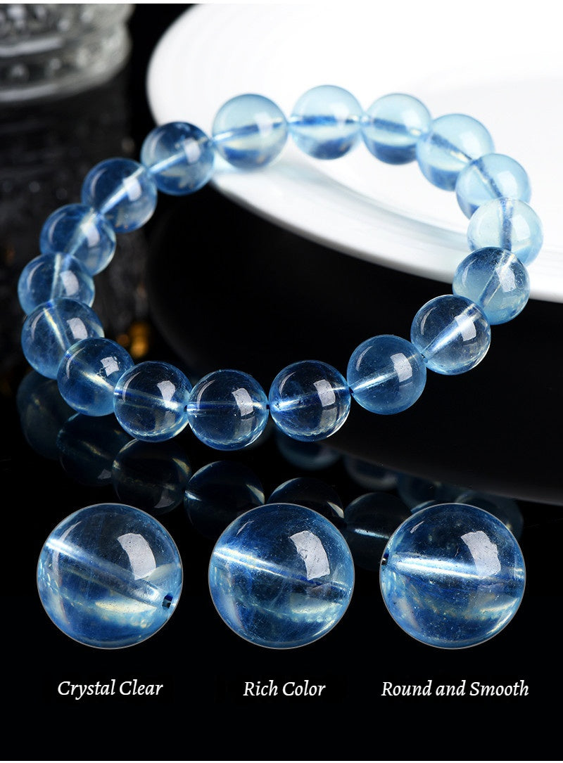 Sky-Blue Transparent Aquamarine Gemstone - Crystal Clear & Rich Color - Round Smooth Bead