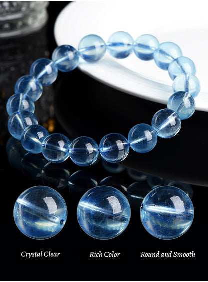 Sky-Blue Transparent Aquamarine Gemstone - Crystal Clear & Rich Color - Round Smooth Bead