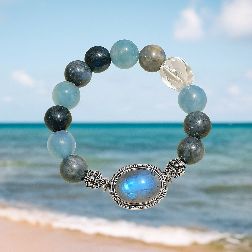 Cosmic Abundance Bracelet: Aquamarine + Tiger's Eye + Moonstone + Clear Quartz + Citrine | Career Success & Wealth Energy